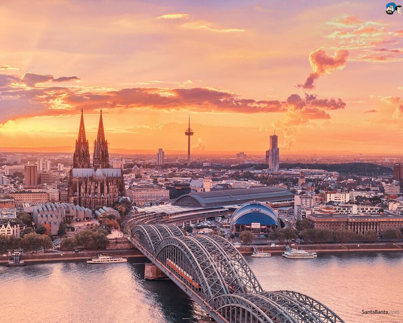 Cologne Cathedral at Sunset — Orange, Dramatic, Photograph, Bridge, River, Skyscraper