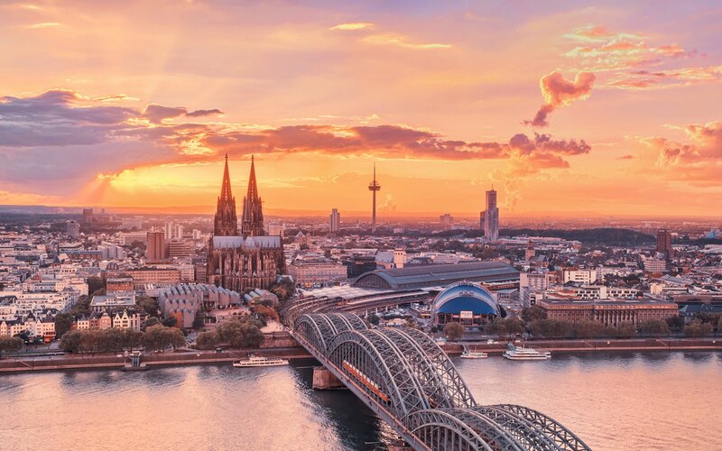 Cologne Cathedral at Sunset — Orange, Dramatic, Photograph, Bridge, River