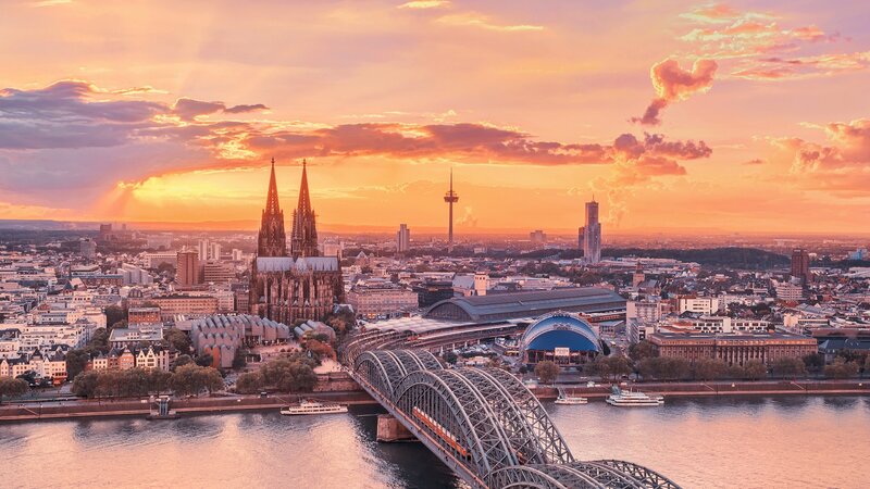 Cologne Cathedral at Sunset — Orange, Dramatic, Photograph, River, Bridge