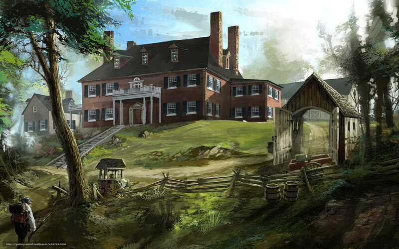 Colonial house in forest landscape
