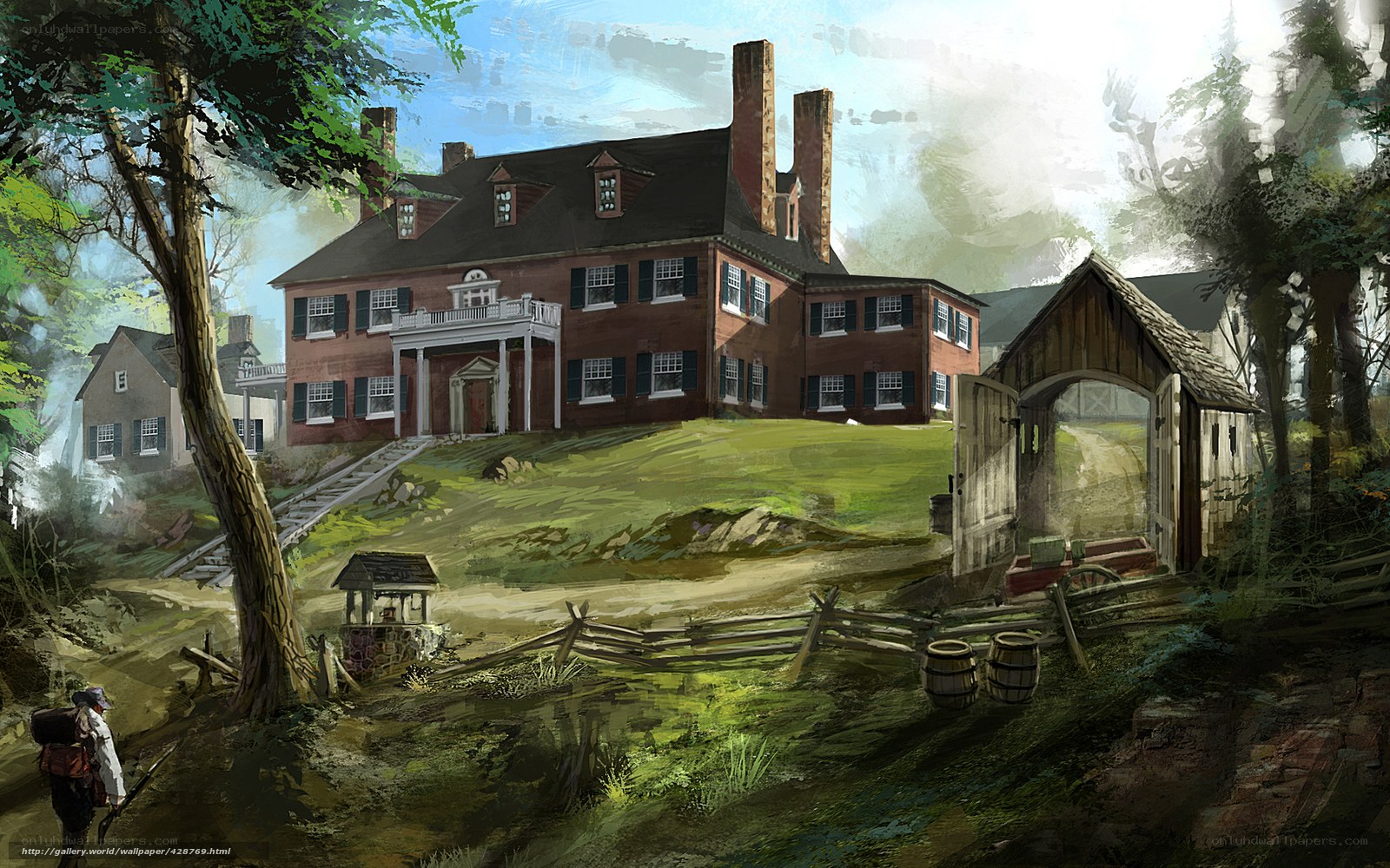 Colonial house in forest landscape