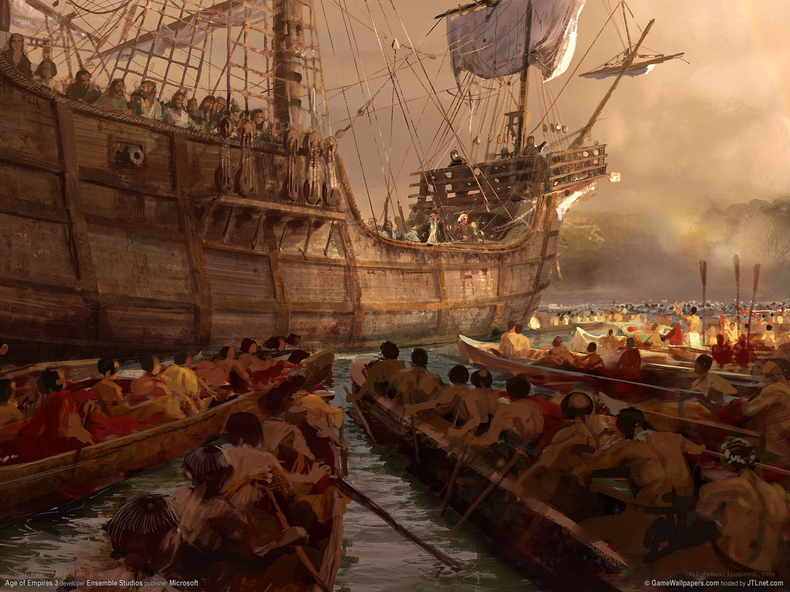 Colonial ship and canoes