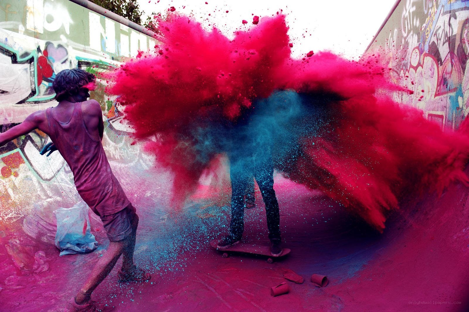 Color powder explosion on skateboard