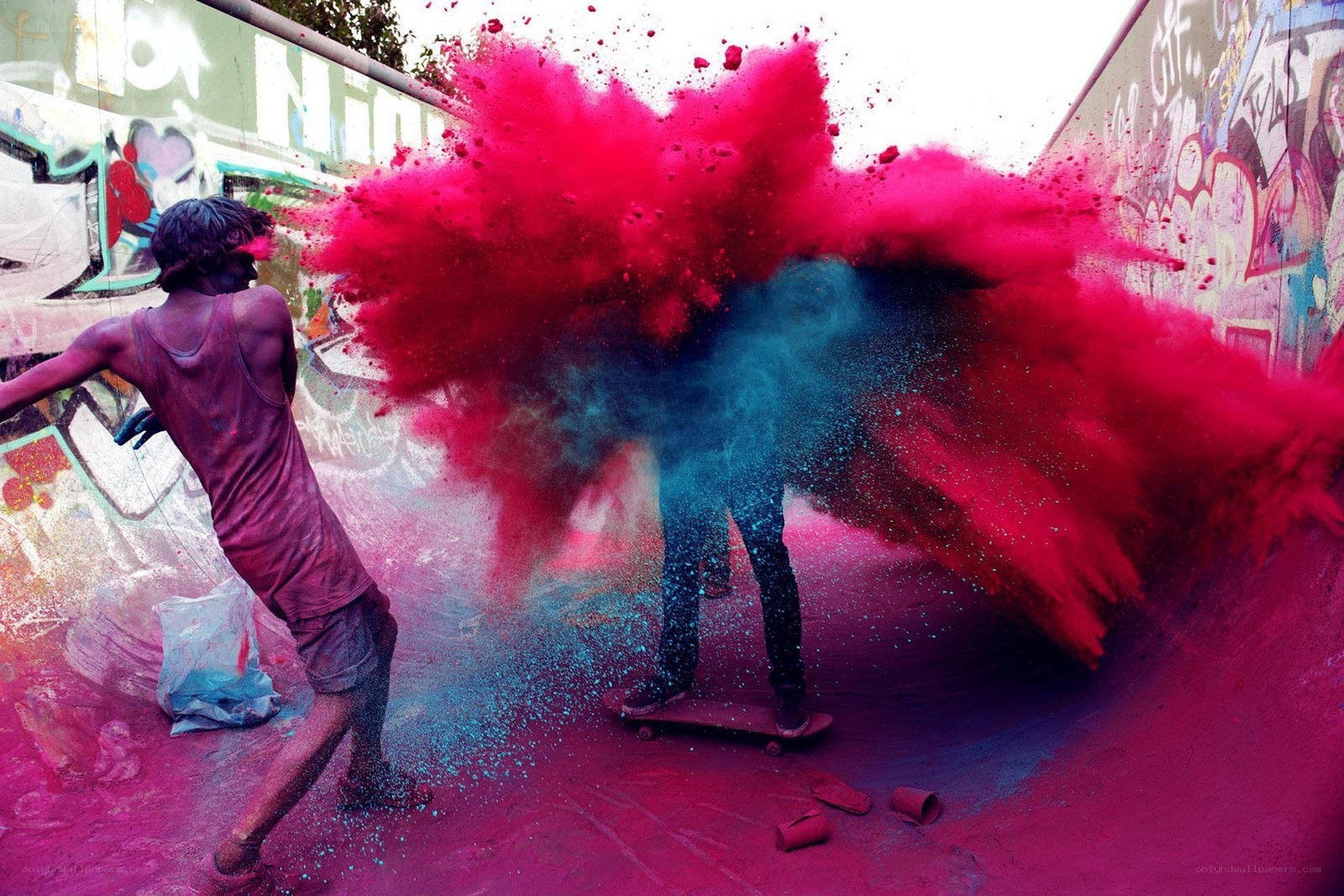Color powder explosion on skateboard