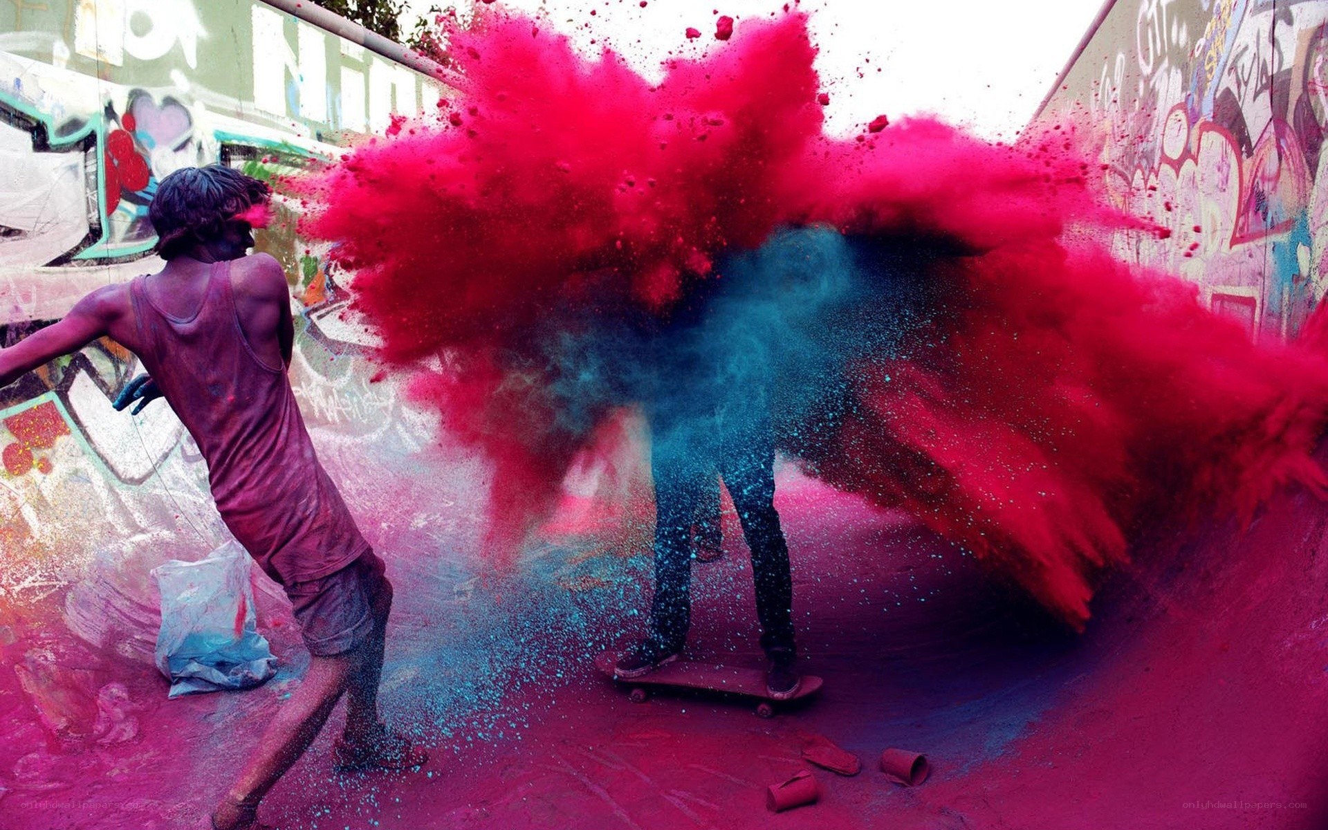 Color powder explosion on skateboard