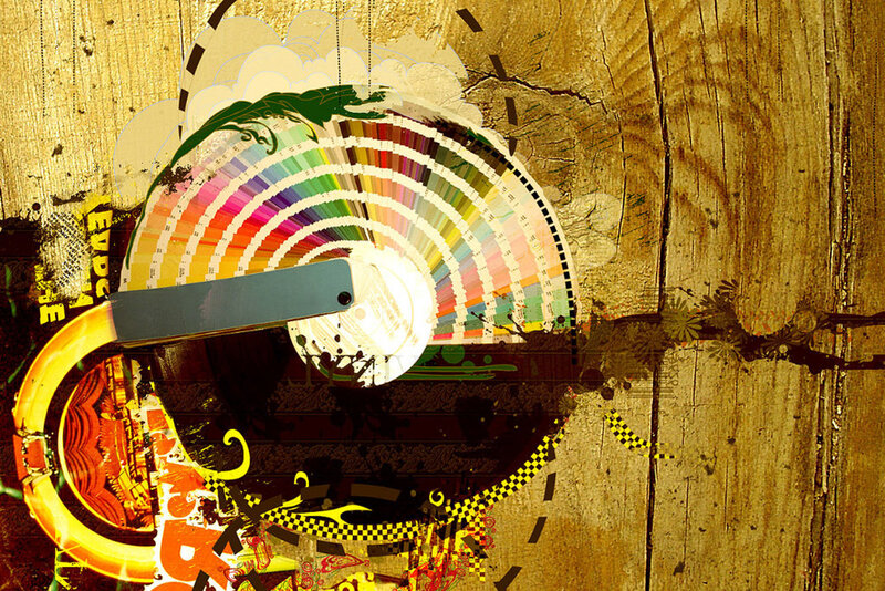 color wheel collage on wood