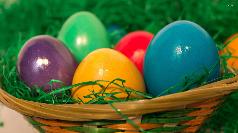 Colored Eggs in Basket — Green, Festive, Photograph, Grass