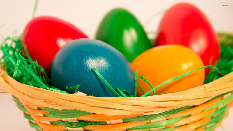 Colored Eggs in Basket — Green, Festive, Photograph