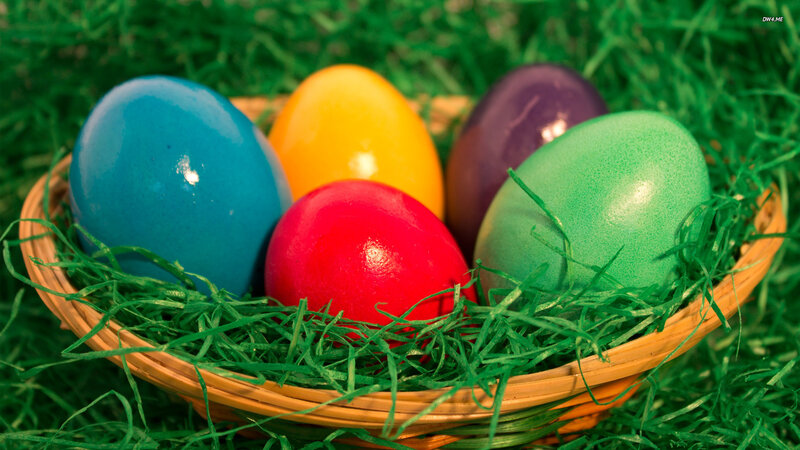 Colored Eggs in Basket — Green, Festive, Spring