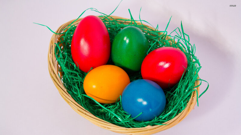 Colored Eggs in Basket — Red, Festive, Photograph, Grass