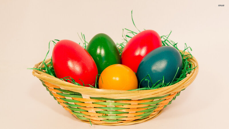 Colored Eggs in Basket — Red, Festive, Photograph