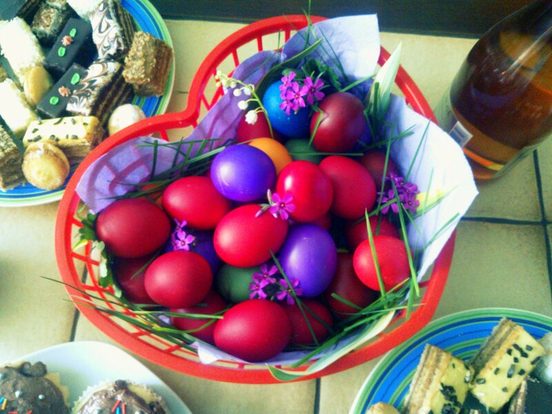 Colored Eggs in Basket — Red, Festive
