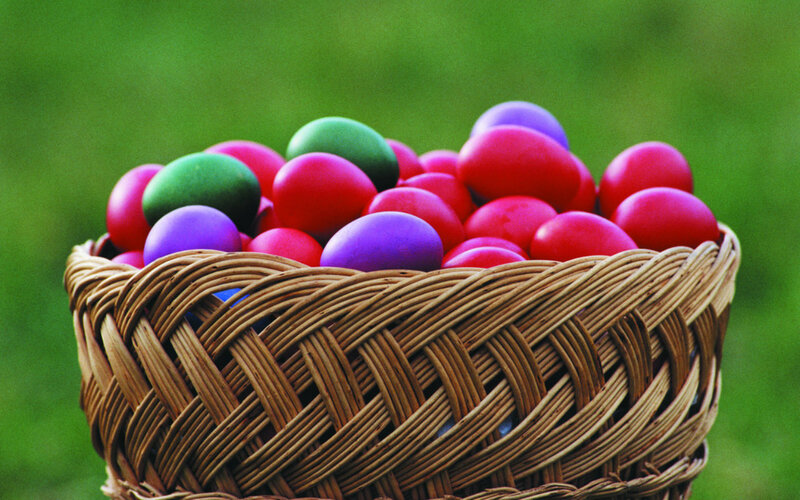 Colored Eggs in Basket — Red