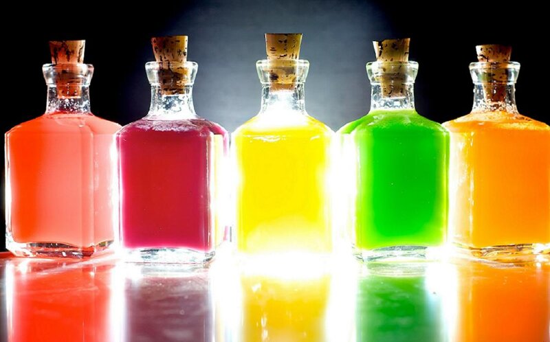 Colored Liquids in Bottles — Red