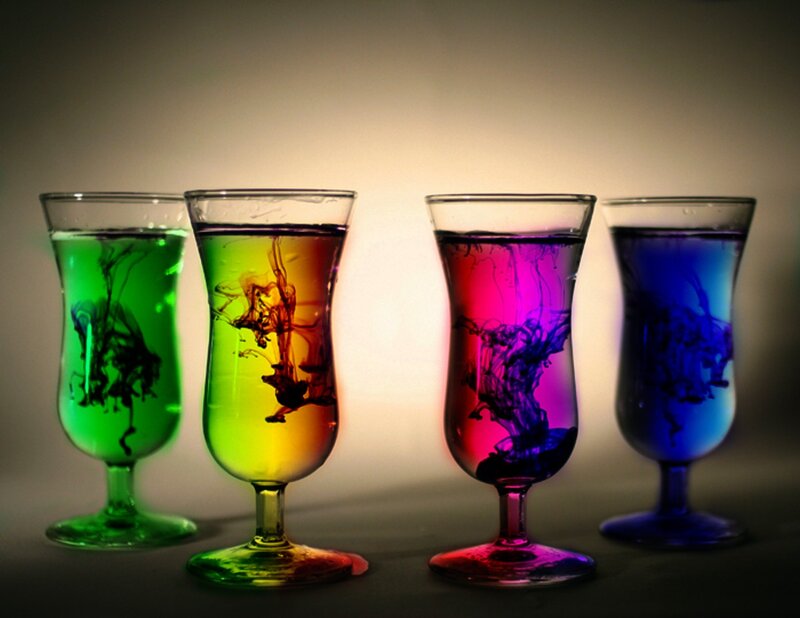 colored liquids in glasses