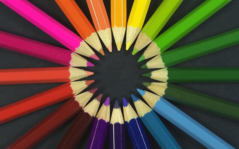 Colored Pencils Arranged in Circle — Red, Calm, Photograph, Black Background