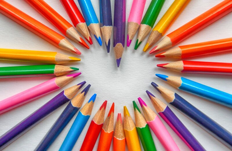 Colored Pencils Arranged in Circle — Red, Calm, Photograph, White Surface