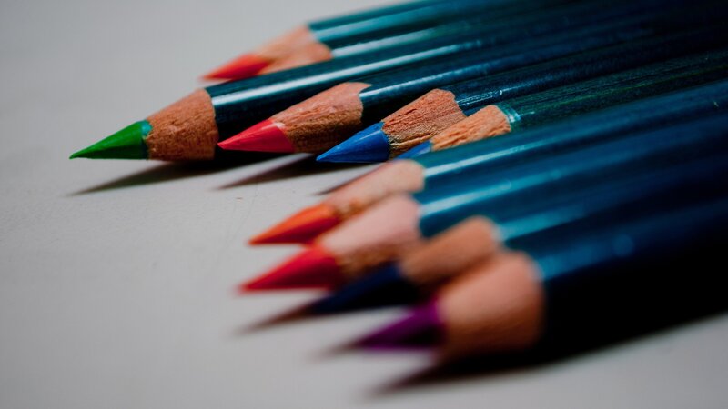 Colored Pencils in Row — Blue, Neutral, Photograph, Table