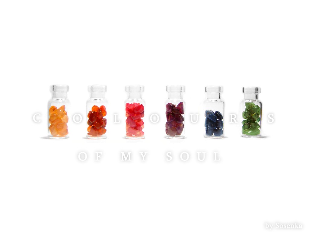 Colored stones in glass vials