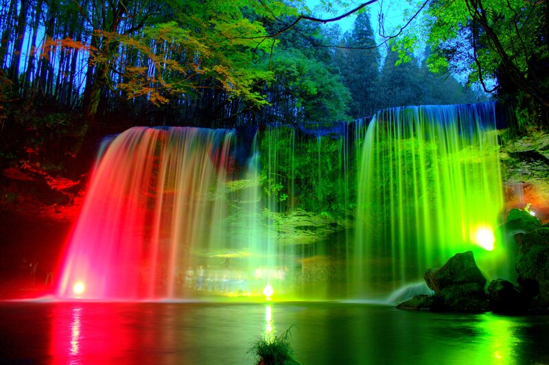 Colored Waterfall at Night — Red