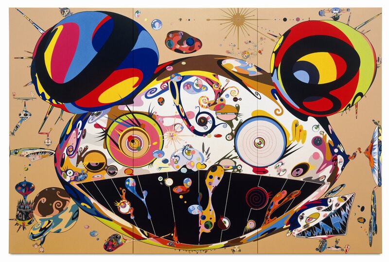 Colorful abstract artwork with cartoon faces