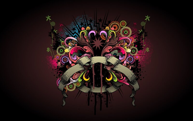 Colorful Abstract Design — Black, Vibrant, Digital Art, Flowers