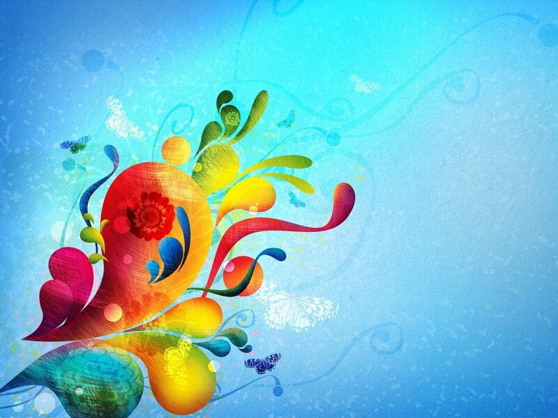 Colorful Abstract Design — Blue, Vibrant, Digital Art, Butterflies, Flowers, Swirls, Yellow, Red