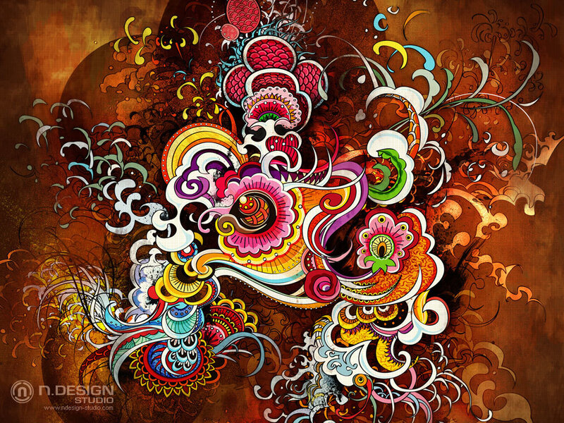 Colorful Abstract Design — Brown, Vibrant, Digital Art, Flowers, Swirls, Patterns, Orange