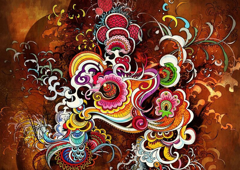 Colorful Abstract Design — Brown, Vibrant, Digital Art, Flowers, Swirls, Patterns, Red