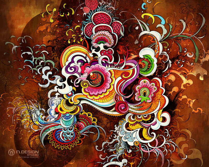 Colorful Abstract Design — Brown, Vibrant, Digital Art, Flowers, Swirls, Patterns, Red, Yellow