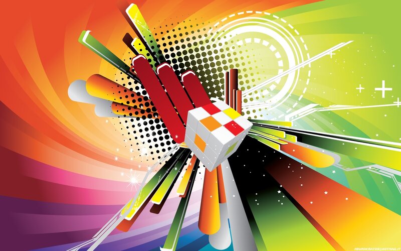 Colorful abstract design with Rubik's cube