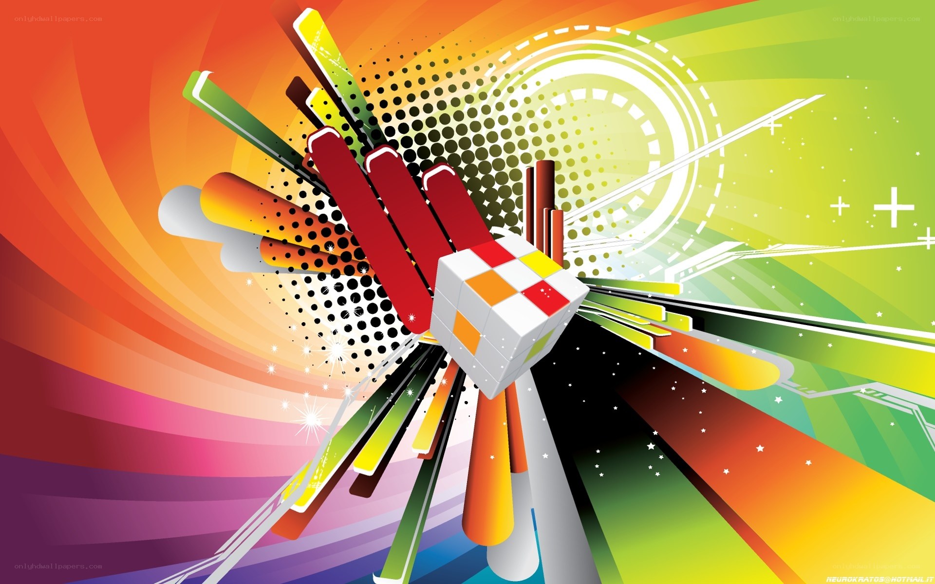 Colorful abstract design with Rubik's cube