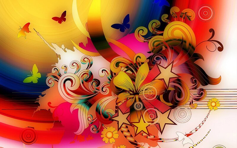 Colorful Abstract Design — Yellow, Vibrant, Digital Art, Butterflies