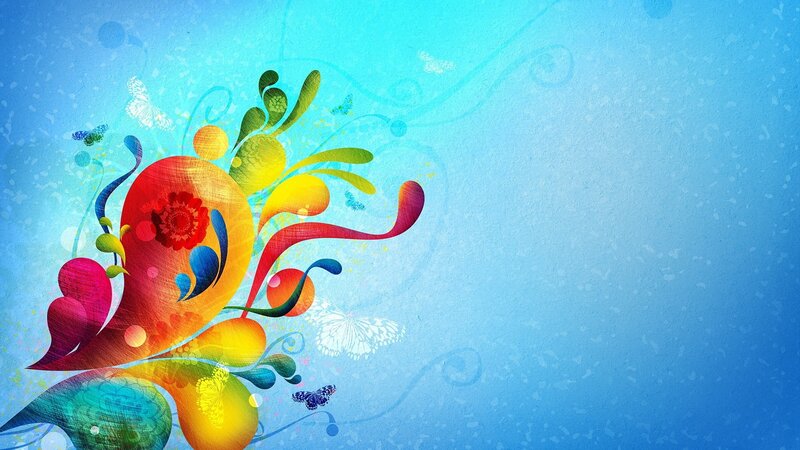 Colorful Abstract Floral Design — Blue, Vibrant, Digital Art, Butterflies