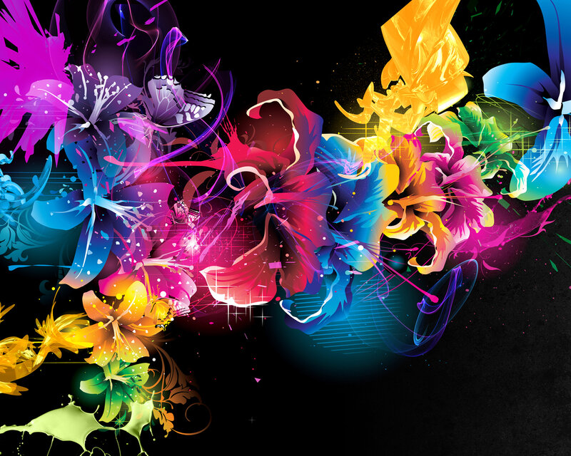 Colorful Abstract Flowers — Black, Vibrant, Digital Art, Splashes