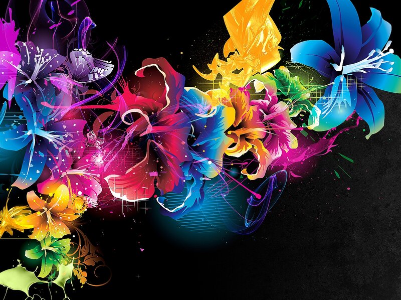 Colorful Abstract Flowers — Black, Vibrant, Digital Art