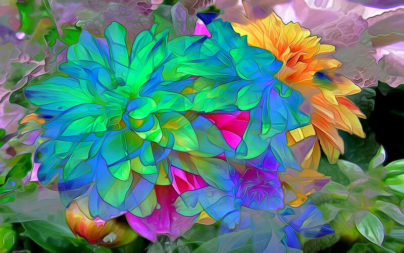 Colorful Abstract Flowers — Green, Vibrant, Digital Art, Leaves