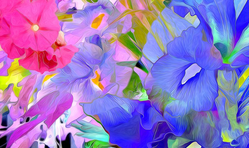 Colorful Abstract Flowers — Pink, Vibrant, Digital Art, Leaves