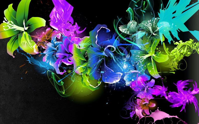 Colorful Abstract Flowers — Purple, Vibrant, Digital Art, Leaves, Splashes