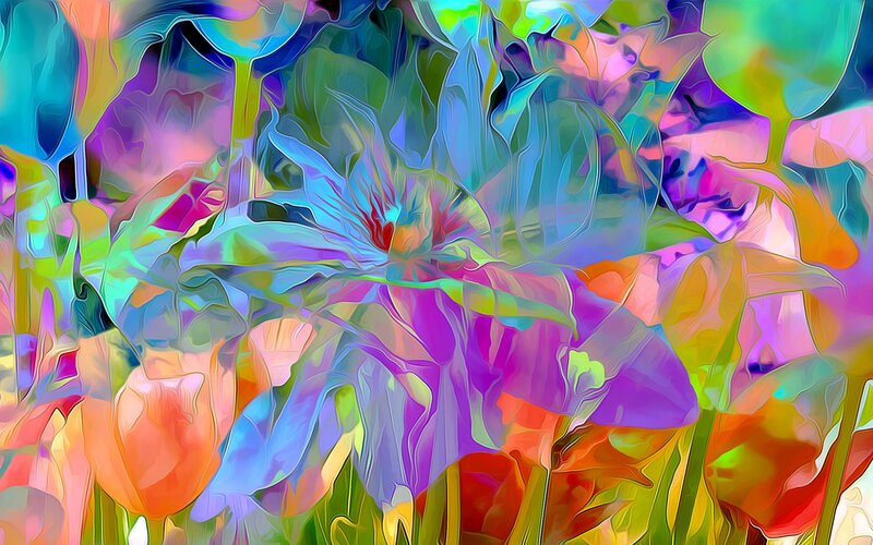 Colorful Abstract Flowers — Purple, Vibrant, Digital Art, Leaves, Stems