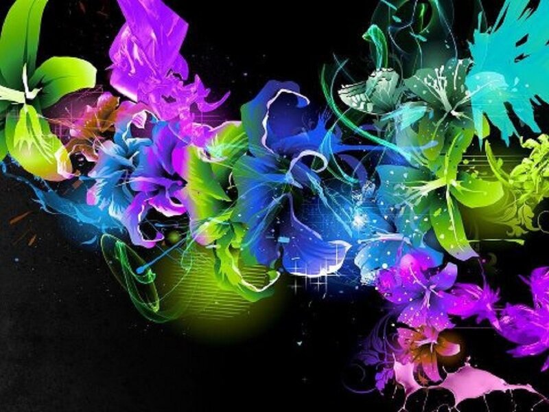 Colorful Abstract Flowers — Purple, Vibrant, Digital Art, Leaves