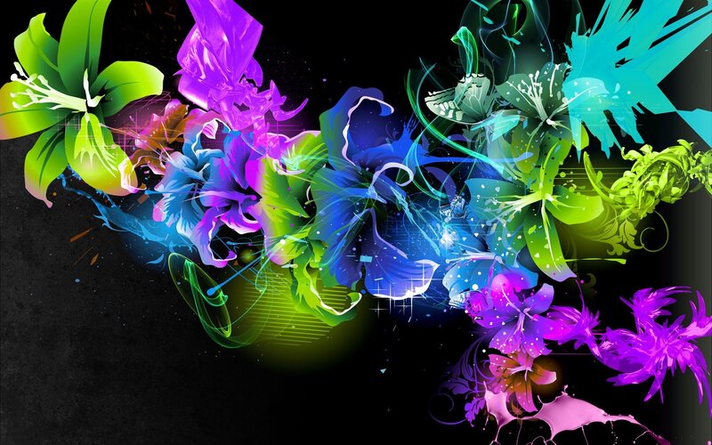 Colorful Abstract Flowers — Purple, Vibrant, Digital Art, Splashes, Light Effects