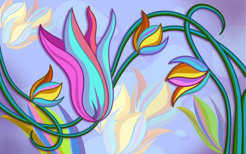Colorful Abstract Flowers — Purple, Vibrant, Digital Art, Stems
