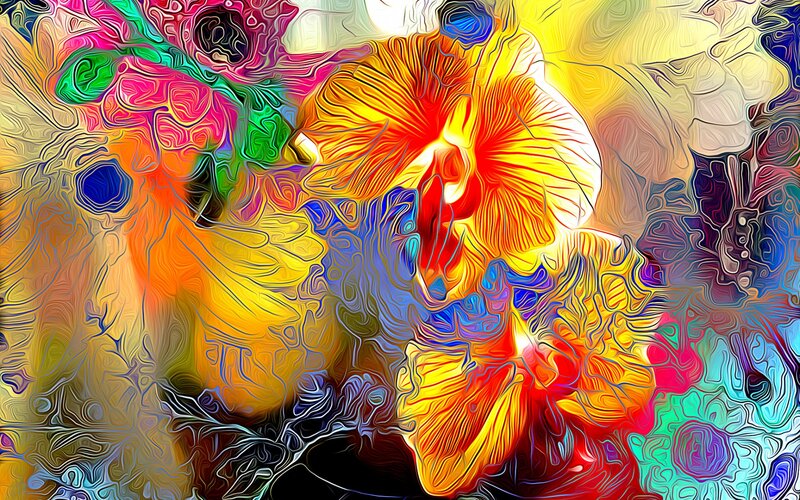 Colorful Abstract Flowers — Yellow, Vibrant, Digital Art, Colors