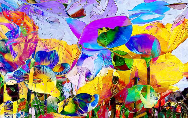 Colorful Abstract Flowers — Yellow, Vibrant, Digital Art, Leaves