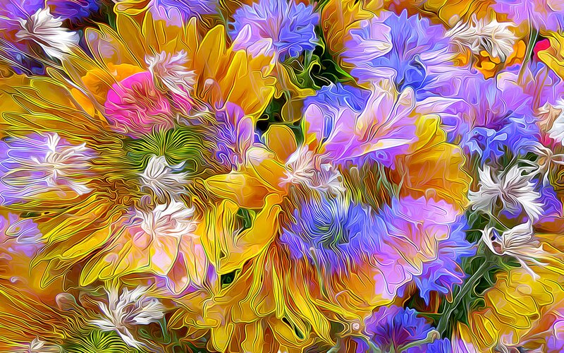 Colorful Abstract Flowers — Yellow, Vibrant, Digital Art