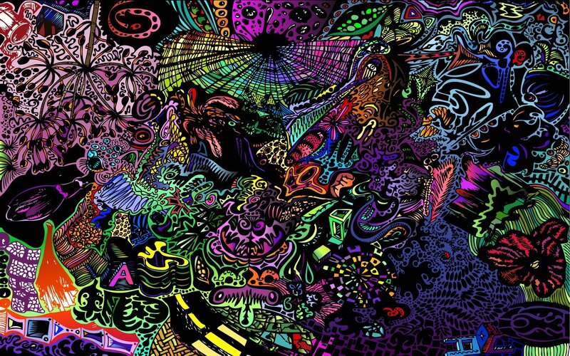 Colorful Abstract Pattern — Black, Chaotic, Digital Art, Flowers, Geometric Shapes, Swirls