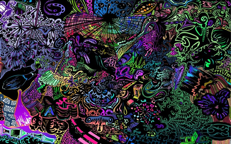 Colorful Abstract Pattern — Black, Chaotic, Digital Art, Flowers, Geometric Shapes