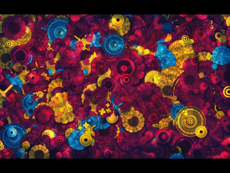 Colorful Abstract Pattern — Red, Vibrant, Digital Art, Circles, Flowers, Geometric Shapes