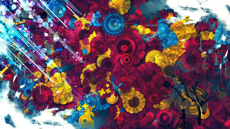 Colorful Abstract Pattern — Red, Vibrant, Digital Art, Circles, Flowers, Light Streaks